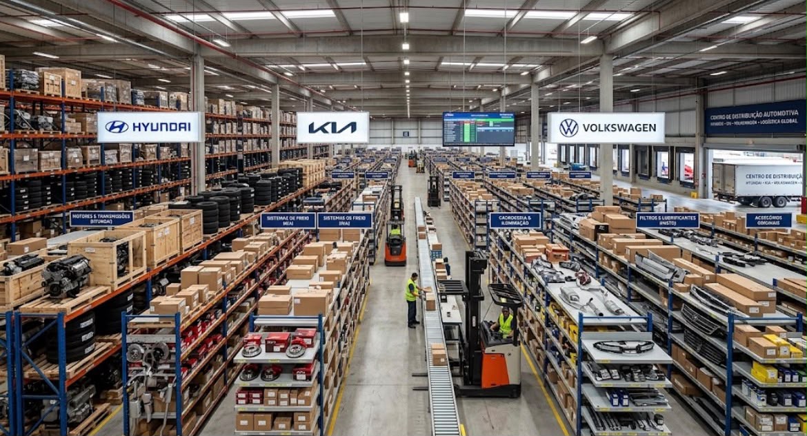 Centro de distribuição Central Auto Peças com corredores de peças Hyundai, Kia e Volkswagen