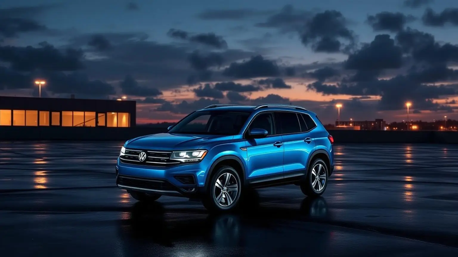 Volkswagen Nivus 2026 azul em plataforma noturna