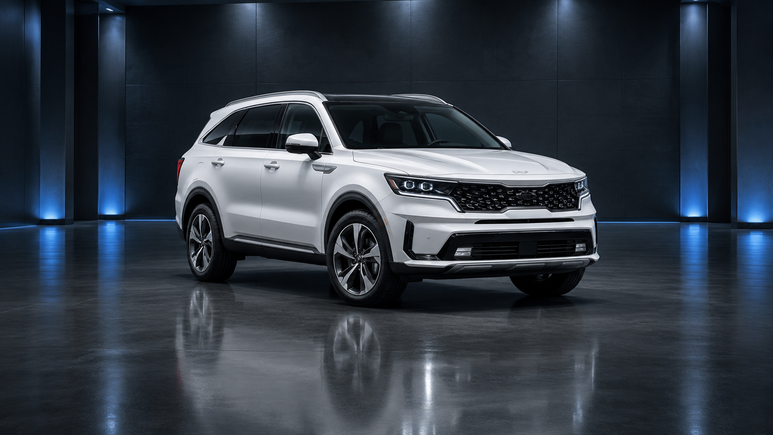 Kia Sorento branca em showroom sofisticado