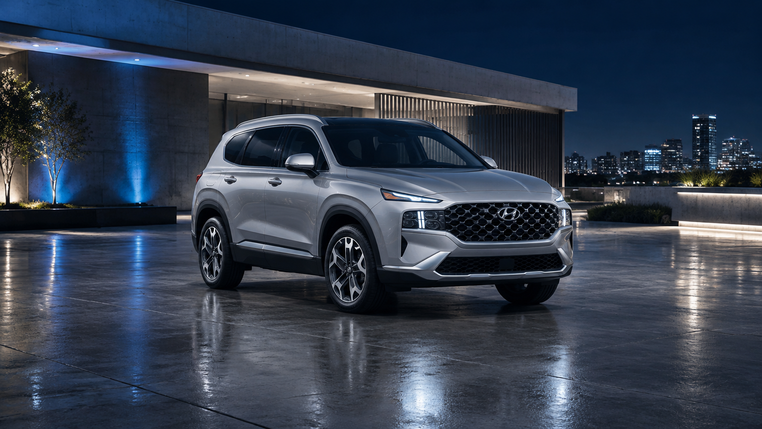 Hyundai Santa Fe prata em ambiente arquitetônico noturno