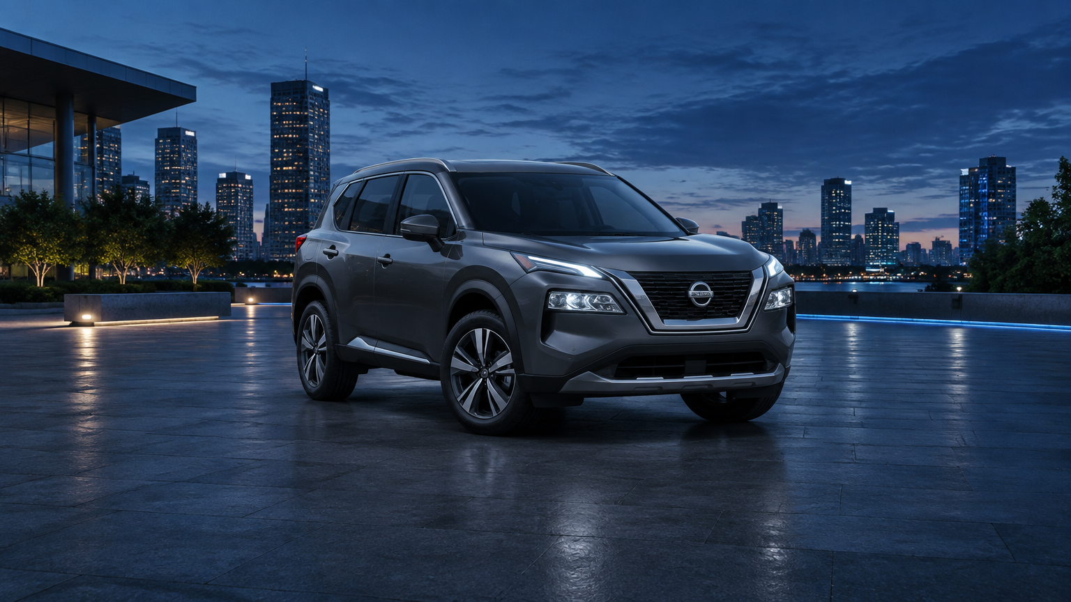 Nissan X-Trail grafite em cenário urbano ao anoitecer