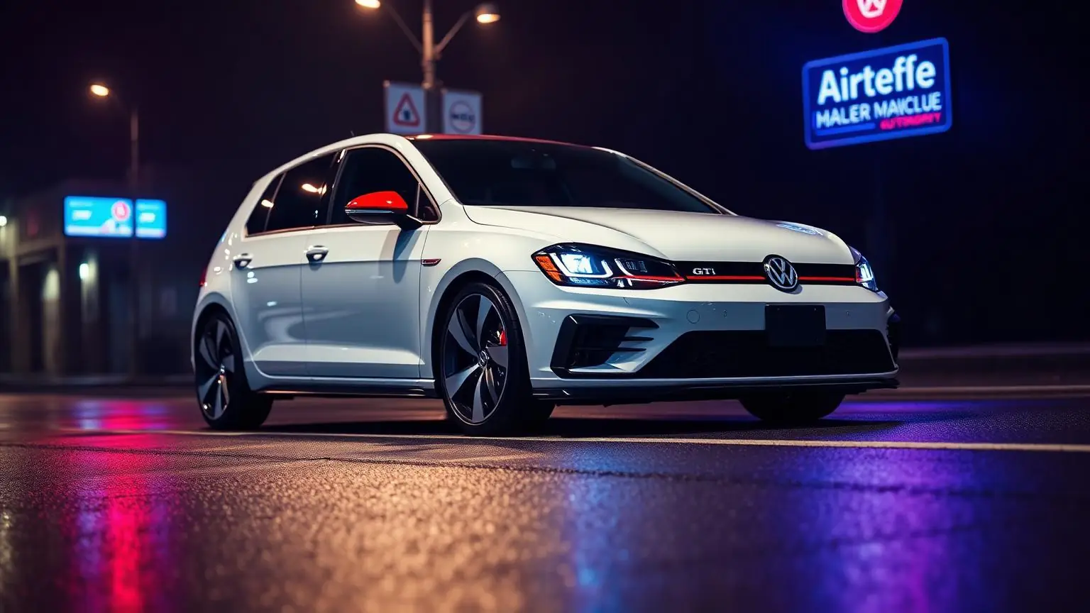 Volkswagen Golf GTI 2026 branco em rua noturna