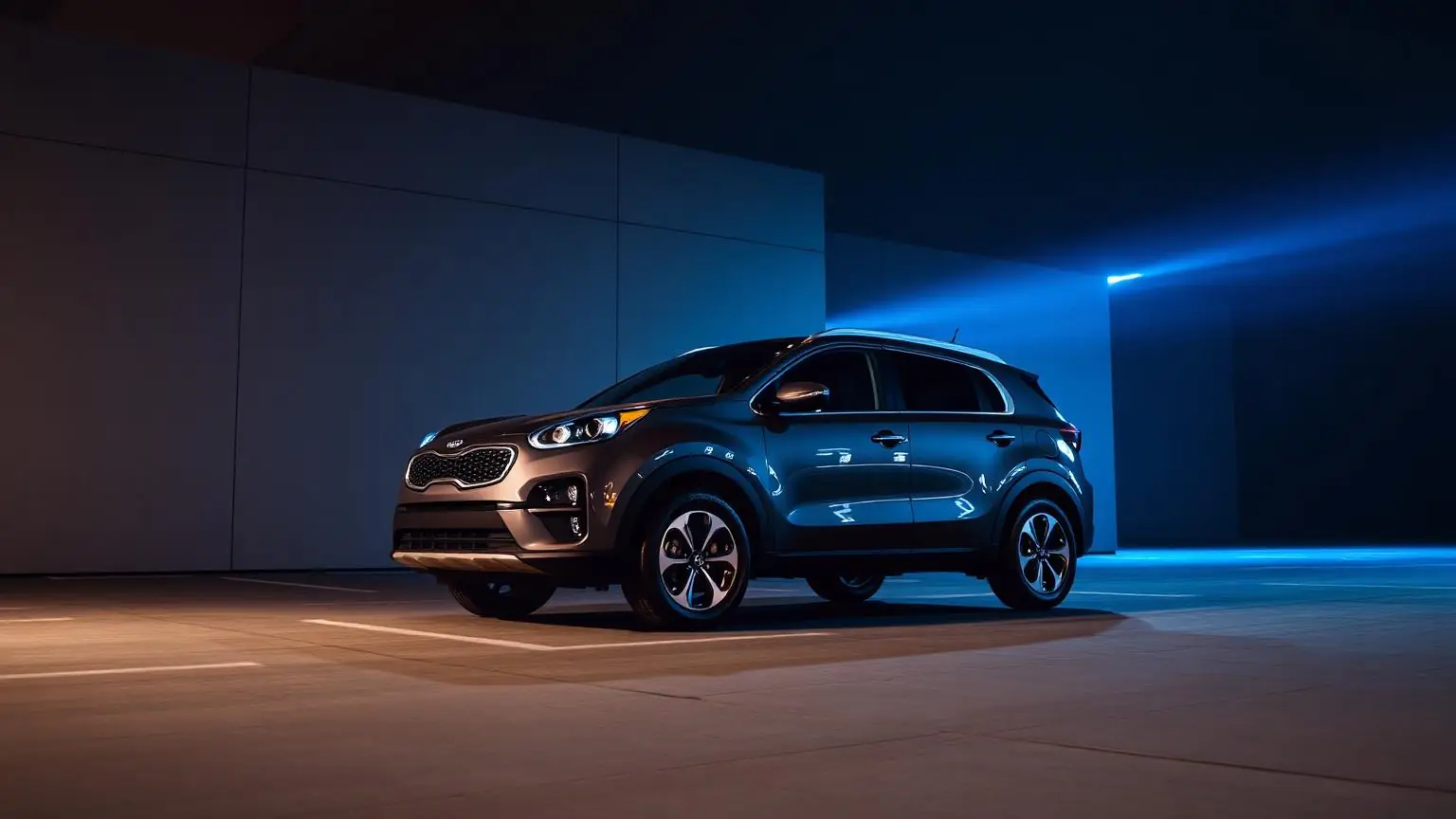 Kia Sportage 2025 cinza em fundo arquitetônico escuro