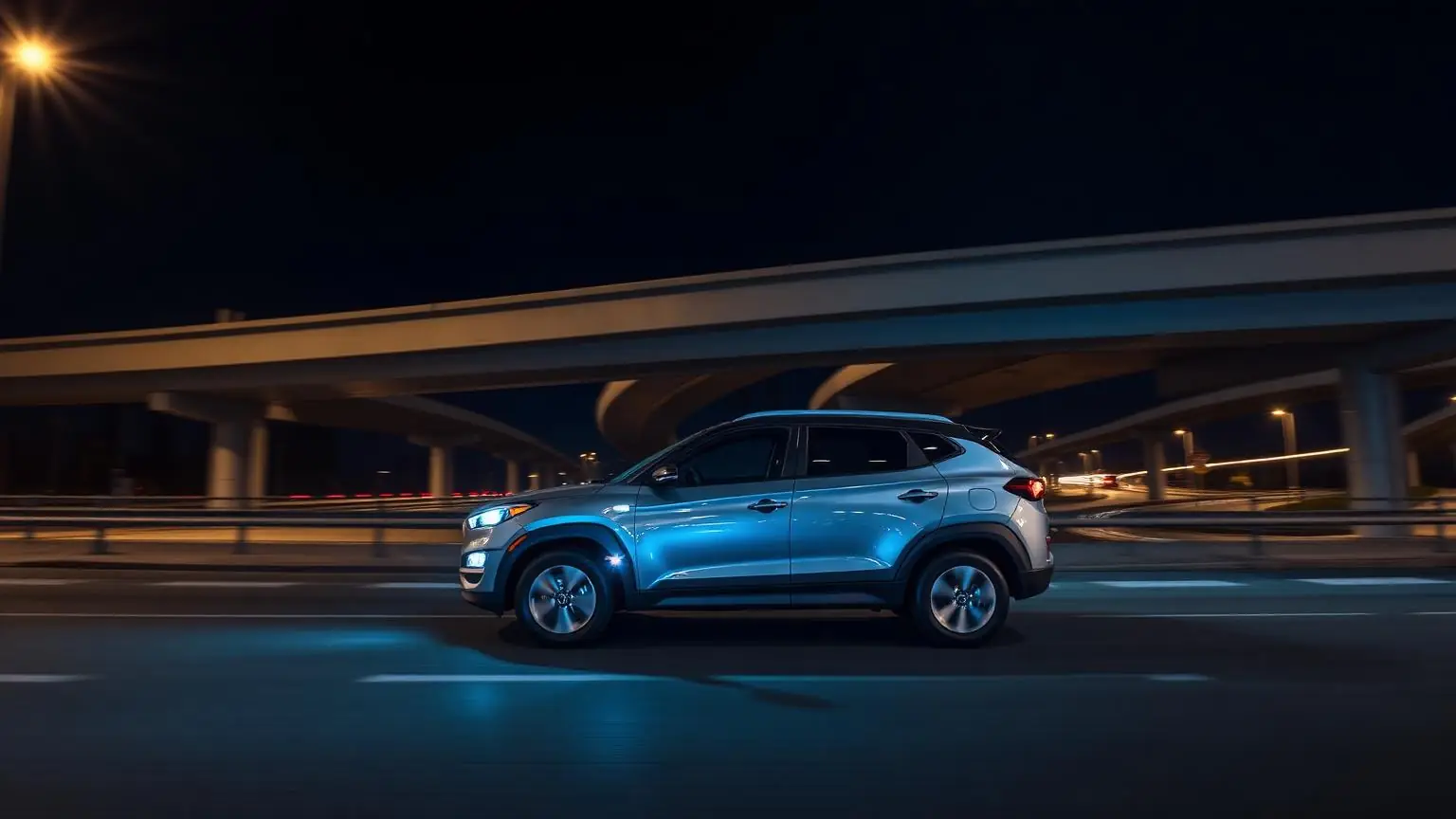 Hyundai Tucson 2025 azul em via expressa à noite